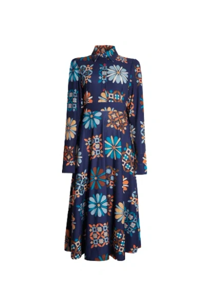 James Lakeland Women's Blue Jewelled Button Print Midi Dress Navy