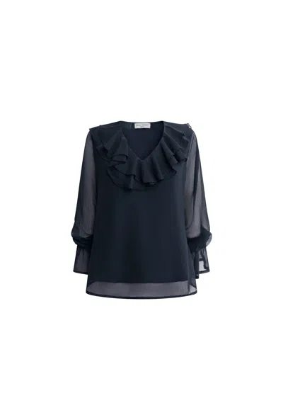 James Lakeland Women's Blue Navy Ruffle Blouse