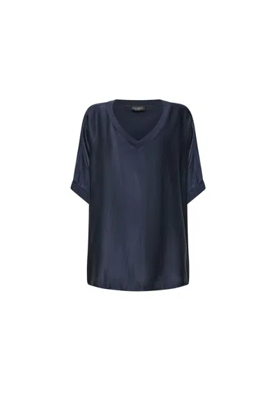James Lakeland Women's Blue Navy Satin Short-sleeve Top