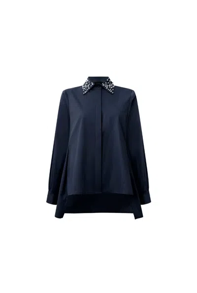 James Lakeland Women's Blue Pearl Collar Navy Cotton Shirt
