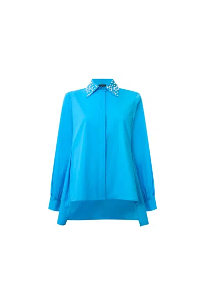 James Lakeland Women's Blue Pearl Collar Turquoise Cotton Shirt