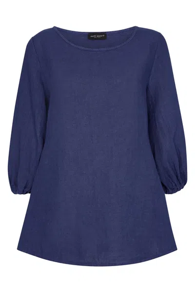 James Lakeland Women's Blue Puff Sleeve Linen Blouse - Navy