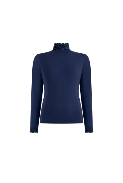 James Lakeland Women's Blue Ruffle Neck Navy Top