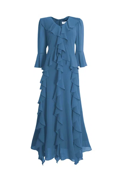James Lakeland Women's Blue V-neck Chiffon Ruffle Dress