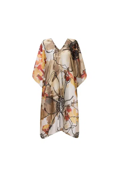 James Lakeland Women's Brown Beige Floral Sketch Kaftan In Multi