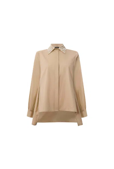 James Lakeland Women's Brown Pearl Collar Beige Cotton Shirt