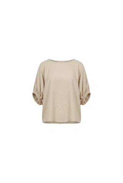 James Lakeland Women's Brown Relaxed Gathered Sleeve Top – Oatmeal