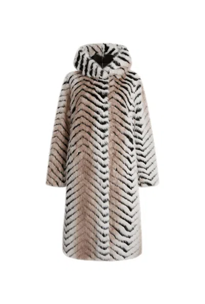 James Lakeland Women's Faux Fox Belted Long Coat In Beige/black/white