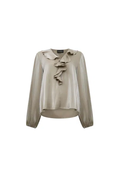 James Lakeland Women's Gold Sand Ruffled V-neck Blouse
