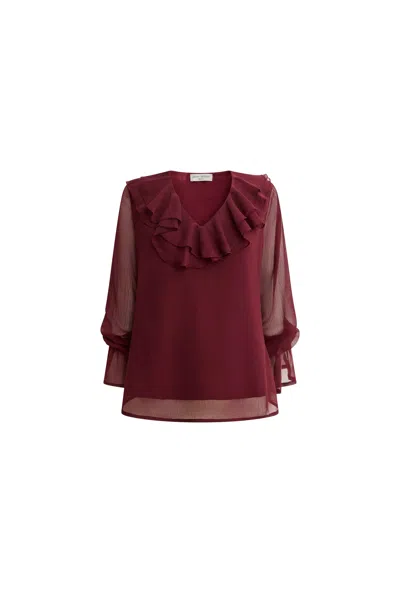 James Lakeland Women's Red Burgundy Sheer-sleeve Ruffle Blouse