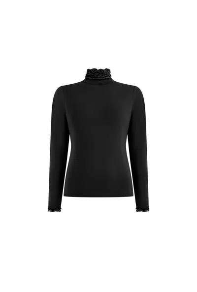 James Lakeland Women's Ruffle Neck Black Top