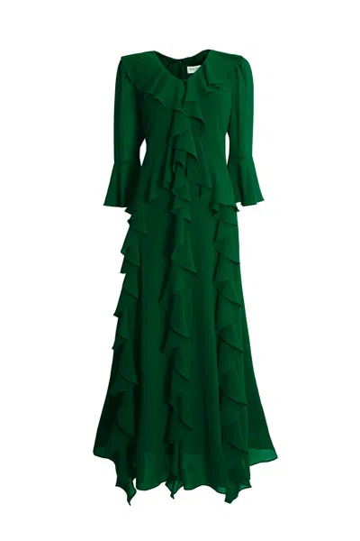 James Lakeland Women's V-neck Ruffle Green Dress