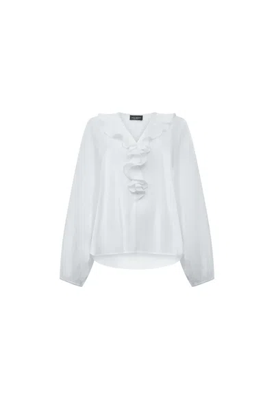 James Lakeland Women's White Ruffled V-neck Blouse