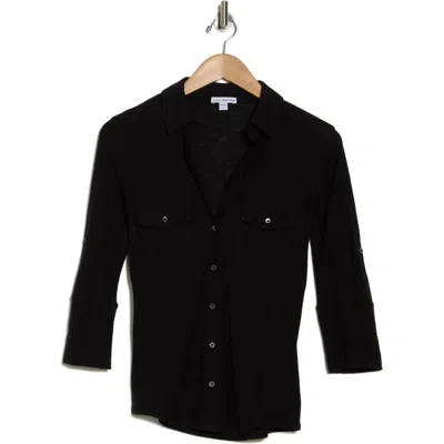 James Perse Cotton V-neck Button-up Shirt In Black