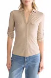 James Perse Cotton V-neck Button-up Shirt In Toast In Multi