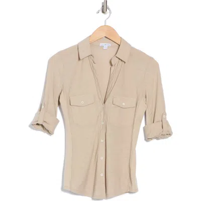 James Perse Cotton V-neck Button-up Shirt In Toast