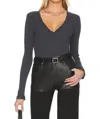 James Perse Deep V Long Sleeve Rib Top In Blue & Black In Multi