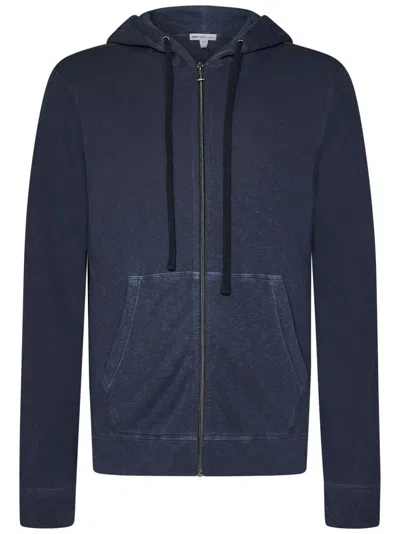 James Perse Garment-dyed Navy Blue Hoodie With Zip Closure