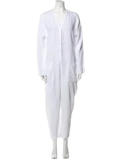 Pre-owned James Perse Linen Plunge Neckline Jumpsuit In White