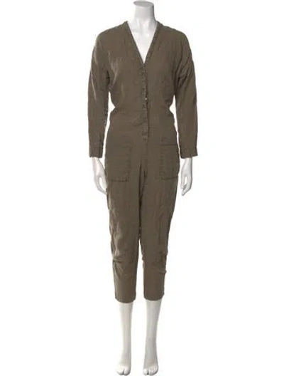Pre-owned James Perse Linen V-neck Jumpsuit In Green