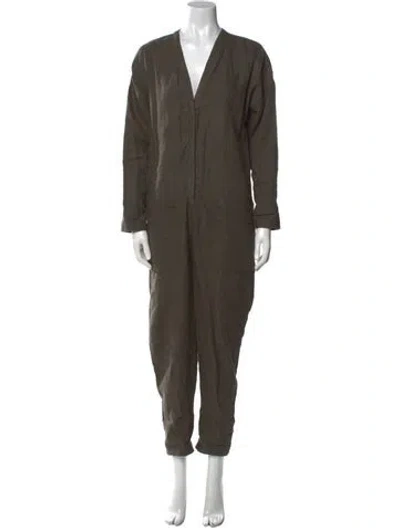 Pre-owned James Perse Linen V-neck Jumpsuit In Green