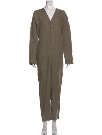 Pre-owned James Perse Linen V-neck Jumpsuit In Green