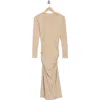 James Perse Long Sleeve Ruched Midi Dress In Sand Dune