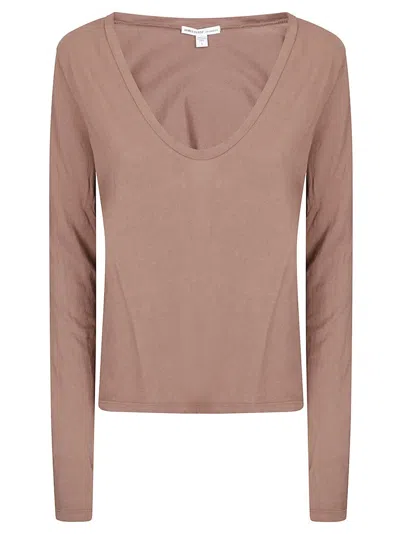 James Perse Long-sleeved Deep V-neck Top In Lightweight Cotton In Pink