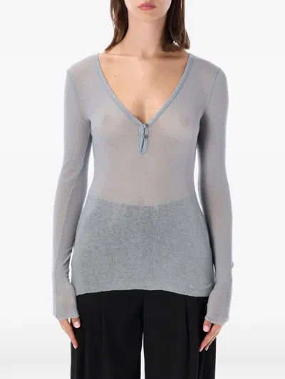 James Perse Ultra-fine Ribbed Cotton-cashmere Henley Top With Deep V-neck In Blue