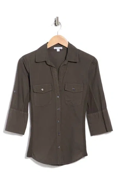 James Perse Three-quarter Sleeve Button-up Shirt In Brown