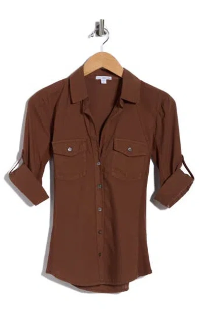 James Perse Three-quarter Sleeve Button-up Shirt In Brown