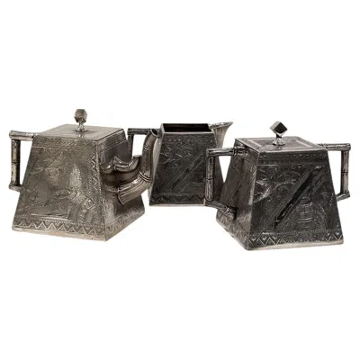 Pre-owned James W. Tufts Cubist Square Tea Set By , Aesthetic Movement Silver Plated In Black