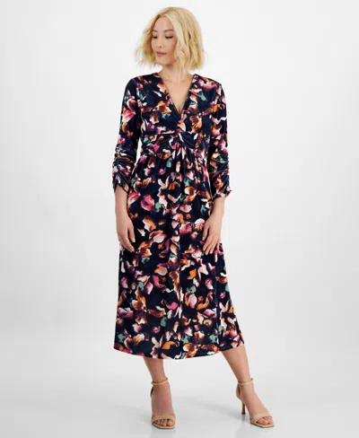 Jamie & Layla Petite Floral-print Twist-front Midi Dress In Night Sky Combo
