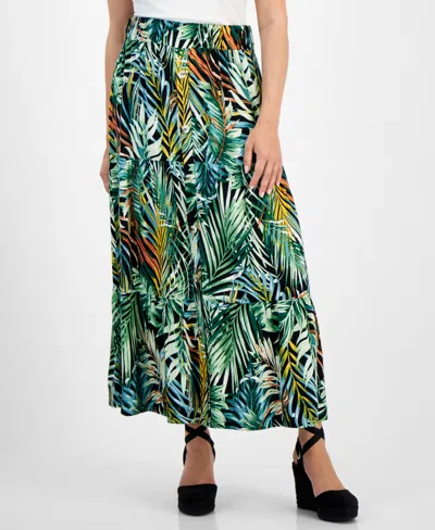 Jamie & Layla Petite Tiered Foliage-print Button-front Skirt In Green Palm