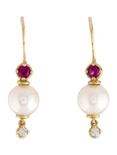 Pre-owned Jamie Wolf 18k Pearl, Ruby & Diamond Drop Earrings In Multi