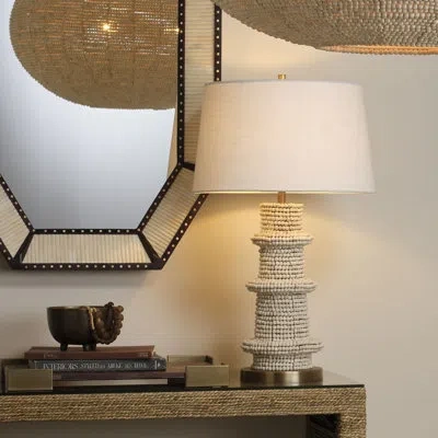 Jamie Young Company Rowan Wood Beaded Table Lamp With Linen Shade, Cream In Neutral