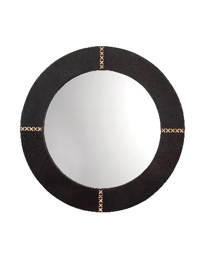 Jamie Young Round Cross-stitch Mirror In Espresso Hide W/ Antique Brass