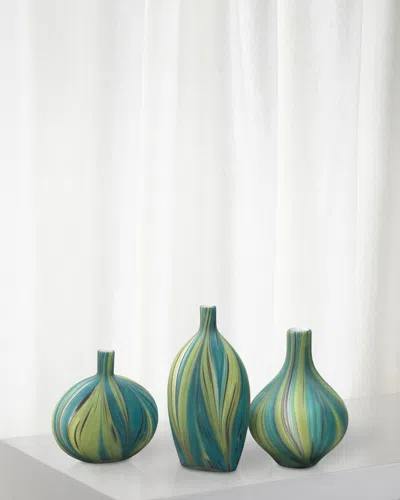Jamie Young Stream Striped Glass Vessels, Set Of 3 In Green