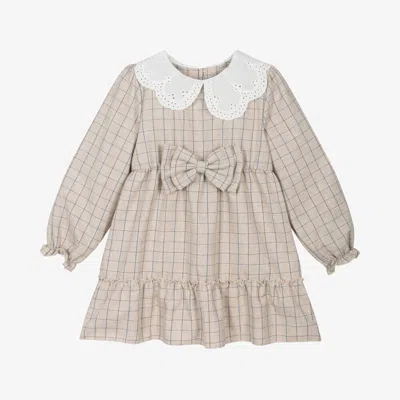 Jamiks Babies' Girls Beige Checked Cotton Bow Dress In Gray