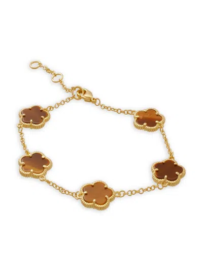Jan-kou Jankuo Women's Flower 14k Goldplated & Tiger Eye Stone Clover Station Bracelet In Brass