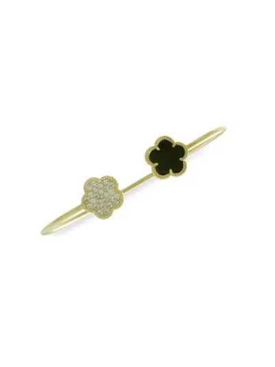 Jan-kou Jankuo Women's Flower 14k Yellow Goldplated, Cubic Zirconia & Jet Onyx Cuff Bracelet