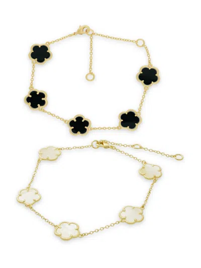 Jan-kou Jankuo Women's Flower 2-piece 14k Goldplated, Mother Of Pearl & Oynx Bracelet Set In Brass