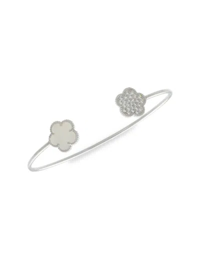 Jan-kou Jankuo Women's Flower Rhodium Plated, Mother-of-pearl & Cubic Zirconia Cuff Bracelet In Brass