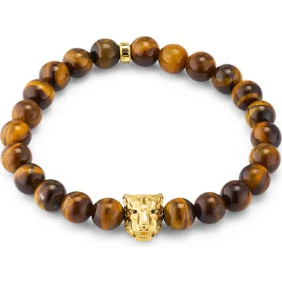 Jan Leslie 8mm Tigers Eye Bead Sterling Silver Bracelet With Gold Plated Tiger Center In Brown