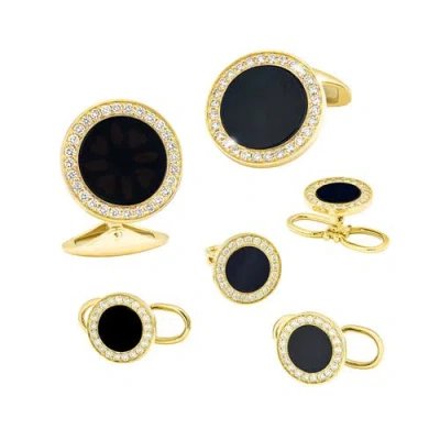Jan Leslie Black Onyx & Diamond 18k Gold Tuxedo Studs & Cufflinks Set