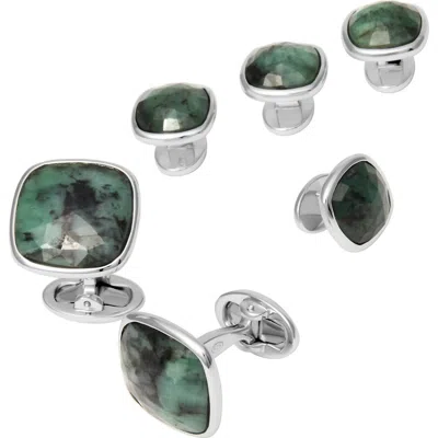 Jan Leslie Faceted Emerald Sterling Cufflinks & Stud Set In Green