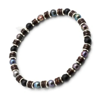 Jan Leslie Freshwater Pearl And Black Agate Beaded Bracelet With Silver Spacers In Multi