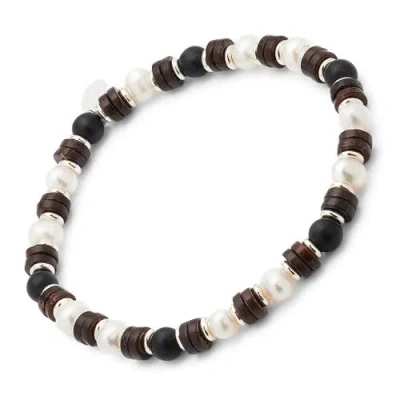 Jan Leslie Freshwater Pearl And Black Agate Beaded Bracelet With Silver Spacers In White