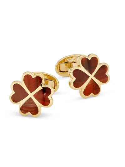 Jan Leslie Men's 18k-yellow-gold Vermeil & Red Tiger's Eye 4-leaf Clover Cufflinks