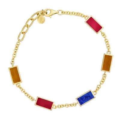 Jan Leslie Multi Gemstone Five Station Dash Rectangle Bracelet In Sterling With 18k Gold Overlay